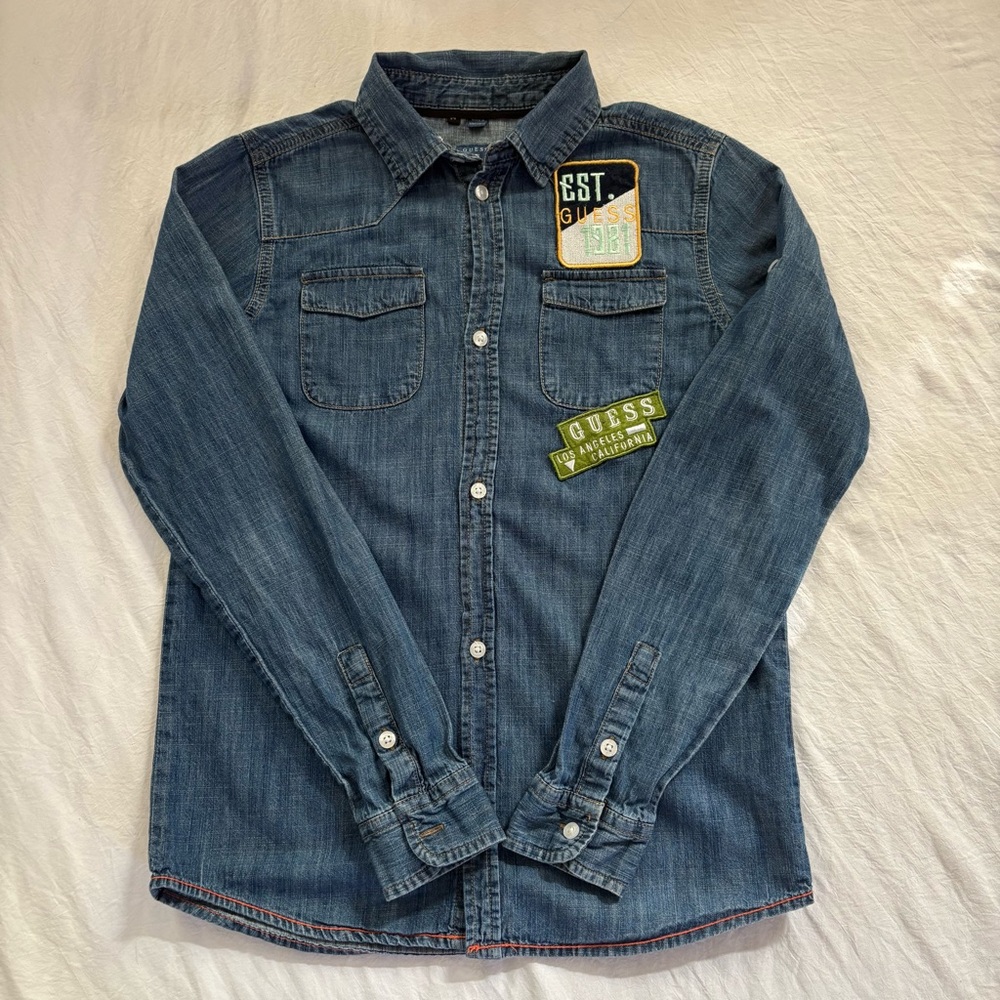 GUESS Kid’s Dark Blue Denim Button-Down Shirt with Patch Details - Size 14